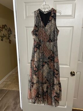 Sleeveless Patchwork Maxi Dress in Neutral and Rust
